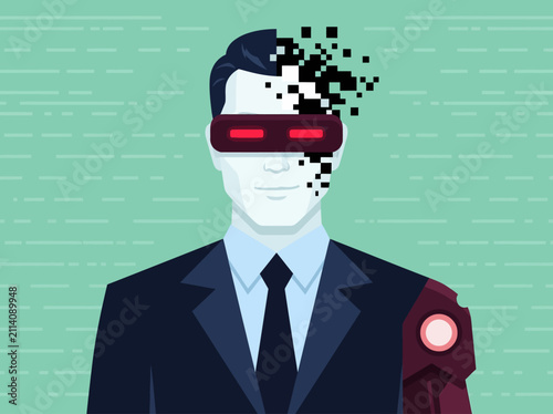 Futuristic Cyborg Businessman with VR Goggles and Robotic Arm Illustration