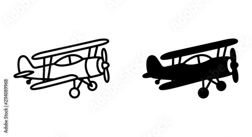 Bild auf Leinwand Retro Biplane Vector Icons, Vintage Aircraft Line Art and Silhouette, Classic Av
