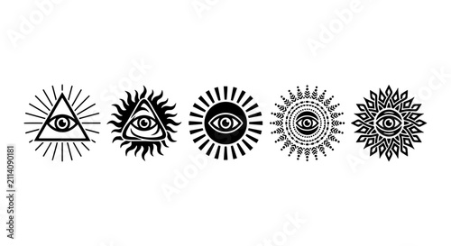 Foto Mysterious Eye Symbols, Sacred Geometry Icons, Esoteric Sun Designs, Occult All