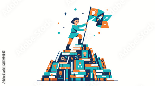 Person Reaching the Peak of Book Mountain Holding a Flag Vector Graphic for Education Concept