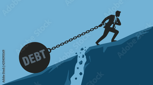 Bild auf Leinwand Businessman chained to debt ball climbing steep hill, financial struggle concept