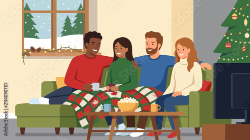 Diverse Friends Celebrating Christmas Together on Sofa
