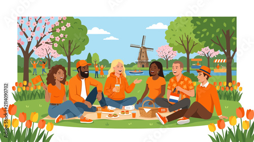 Diverse Friends Celebrating King's Day Picnic in Park with Dutch Windmill