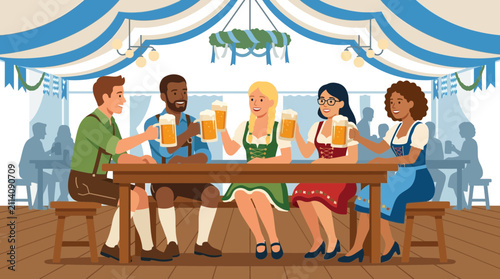 Diverse Friends Celebrating Oktoberfest with Beer in Traditional German Attire
