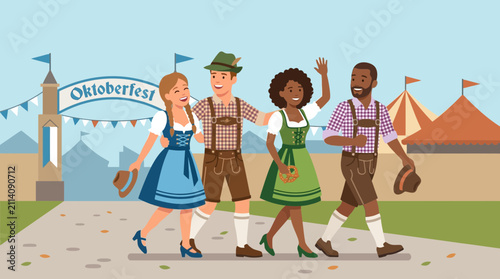 Diverse Friends Celebrating Oktoberfest in Bavarian Traditional Clothing