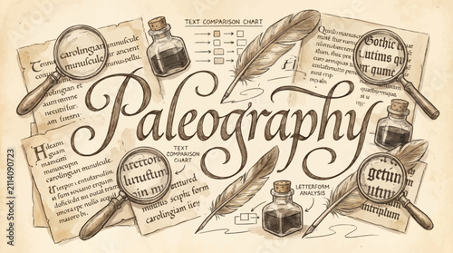 An illustration themed around paleography featuring magnifying glasses quill pens ink bottles and aged parchment papers