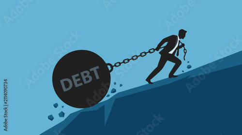 Foto Financial burden and debt concept, man pulling heavy ball uphill