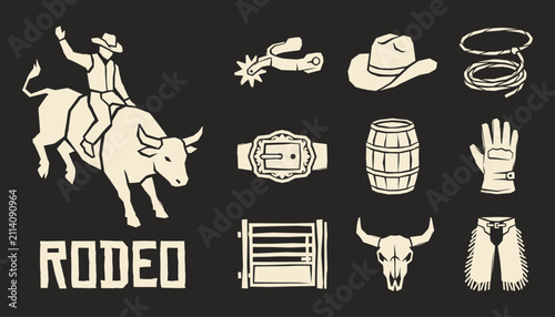 Foto Vintage rodeo vector icons with bull rider and western equipment for branding