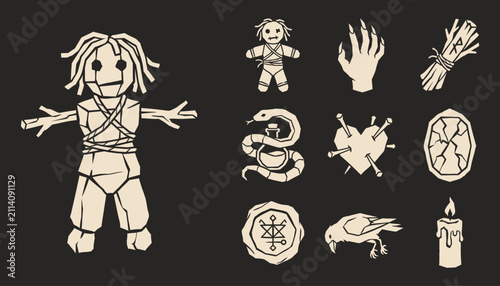 Cuadro en lienzo Occult voodoo doll icons and mystical ritual symbols for dark fantasy and horror