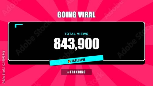 Viral social media view count graphic, dynamic display of increasing views on a trendy pink background with a black screen and white text, symbolizing online popularity and trending content