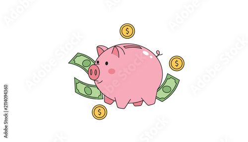 Pink piggy bank character surrounded by falling green cash banknotes and golden coins on a clean white background.