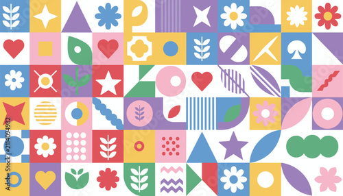 Retro geometric seamless pattern showing colorful abstract flowers, leaves, stars, hearts, and various shapes in a grid layout.