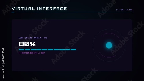 Virtual interface, futuristic loading animation, percentage display, technology background, seamless loop, symbolizing innovation.