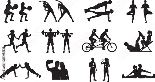 Foto Collection of black silhouettes featuring people performing fitness exercises, y