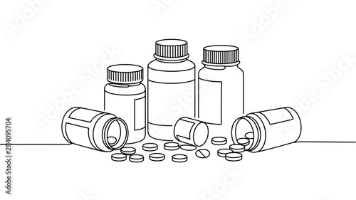 Medicine bottles and scattered pills healthcare line art illustration on white background