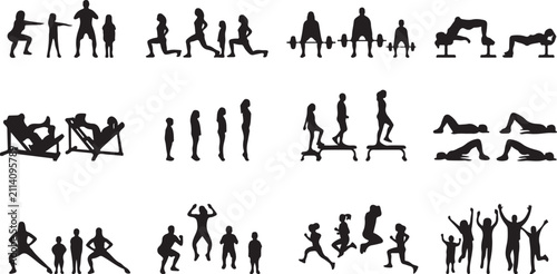 Bild auf Leinwand Set of black silhouettes featuring families and individuals performing various g