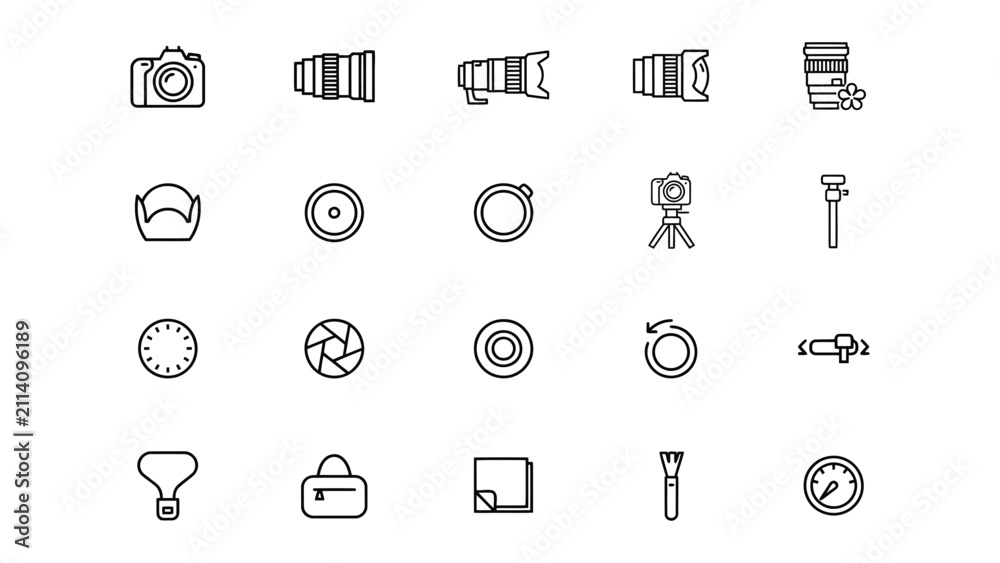 Fototapeta premium Collection of Minimalist Line Icons Featuring Photography and Camera Accessories on Transparent Background