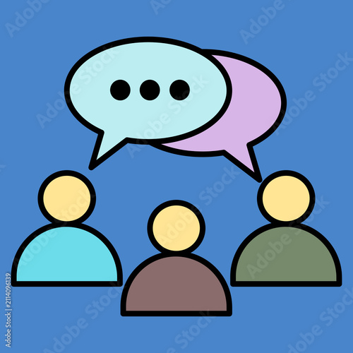 Foto Three stylized figures converse with speech bubbles above them