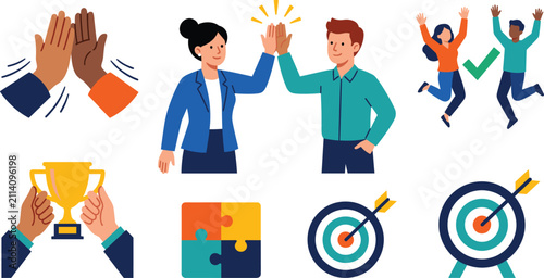 Business Teamwork and Success Concept Icon Set Featuring High Five Coworkers Trophy Award Target Goals Puzzle Pieces and Celebrating People Vector Illustrations