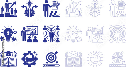 Business strategy and teamwork flat icons set with white background silhouette