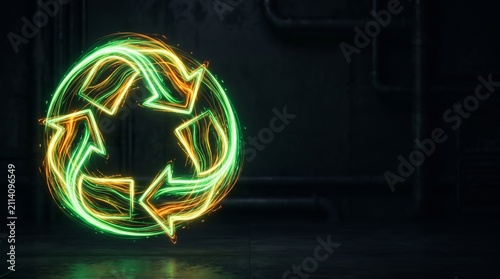 Glowing Neon Recycling Symbol with Light Trails on Dark Industrial Background