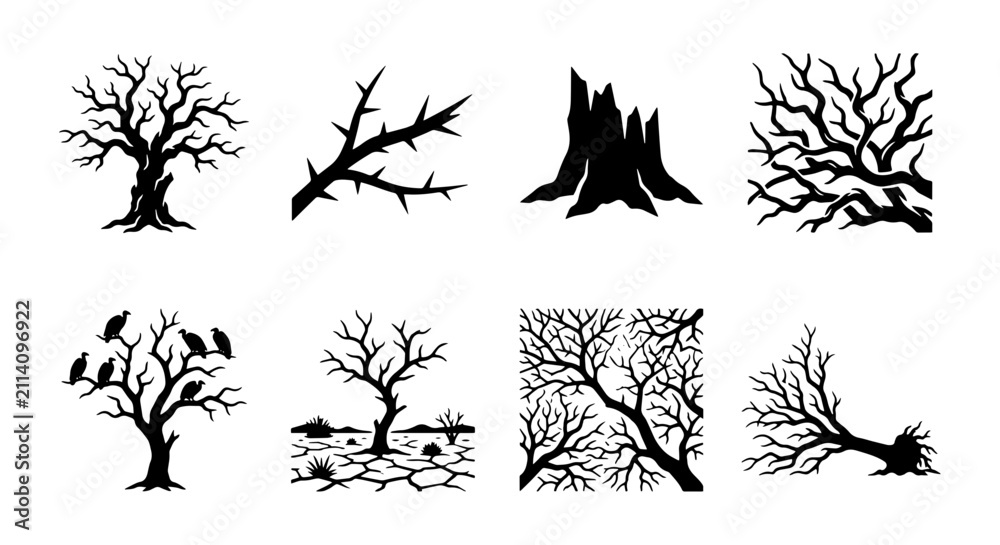 Obraz premium Gothic Silhouette Trees, Bare Branches, Spooky Forest Elements, Dark Nature Vector Set