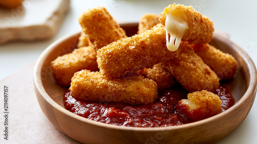 Golden Breaded Mozzarella Sticks Arranged as a Popular Appetizer on a Rustic Table