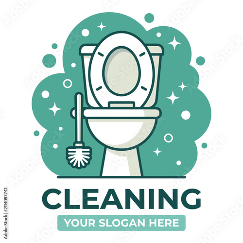 Toilet cleaning service logo with toilet brush and seat up  cleaning symbol icon