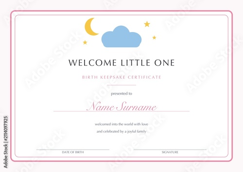 Konstfotografi Baby welcome keepsake certificate template newborn birth pastel blank editable