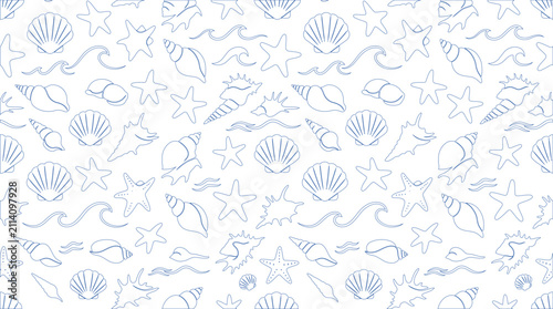 Seashells starfish and waves seamless pattern on white background silhouette