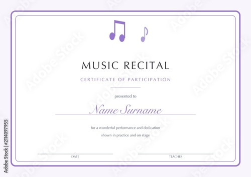 Obraz na plátně Music recital certificate template participation notes purple blank editable