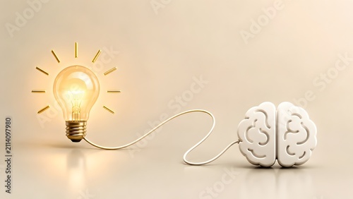Obraz na płótnie Creative intelligence concept with glowing lightbulb connected to human brain model representing innovation and logical thinking