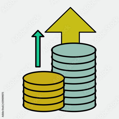 Stacks of coins rise upward with green arrows. Money grows steadily toward financial gain. Visual symbol for increasing profits or investment. Ideal for financial, business, or economic content