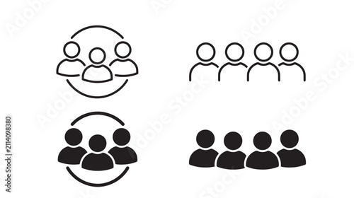 Set of team including a group of three people in a circle and a row of four people, representing social connection and organization, on a white background