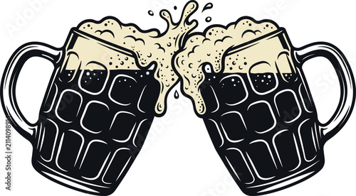 Foto Two beer mugs clinking together with foam splashing