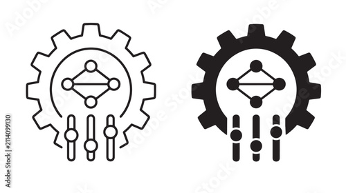 Two depicting a gear containing a network node structure and adjustment sliders, representing technical control and system optimization in black and white