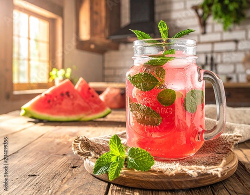 A mason jar of watermelon mint infused water is served on a rustic wooden table with natural sunlight, surrounded by fresh watermelon and mint.