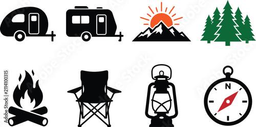 Camping Icons Set Featuring Trailer Fire Compass And Forest Elements