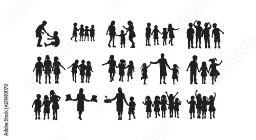 People and children silhouettes isolated on white background, black figures.