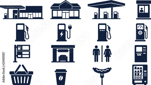 Gas Station and Highway Service Area Silhouette Vector Icon Set Featuring Fuel Pumps, EV Charger, Car Wash, Restroom, Convenience Store, and Vending Machine Graphics