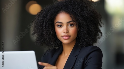 Professional african american businesswoman with natural curly hair using modern laptop in office setting for corporate work