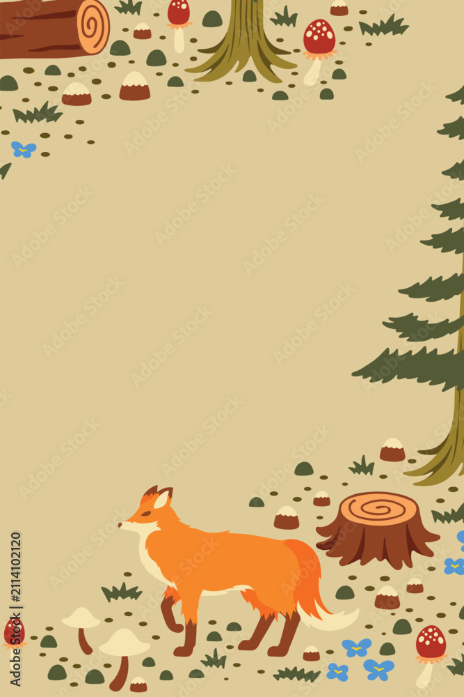 Fototapeta premium Cute fox frame background, animal illustration vector