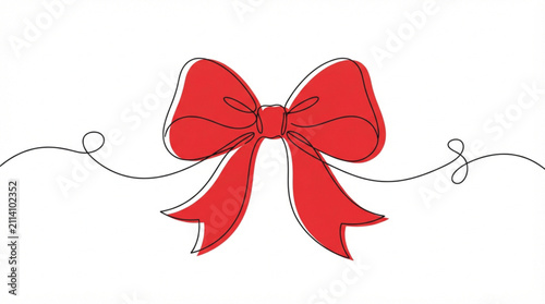 Minimalist continuous line art red ribbon bow vector illustration elegant one line drawing of Christmas gift knot