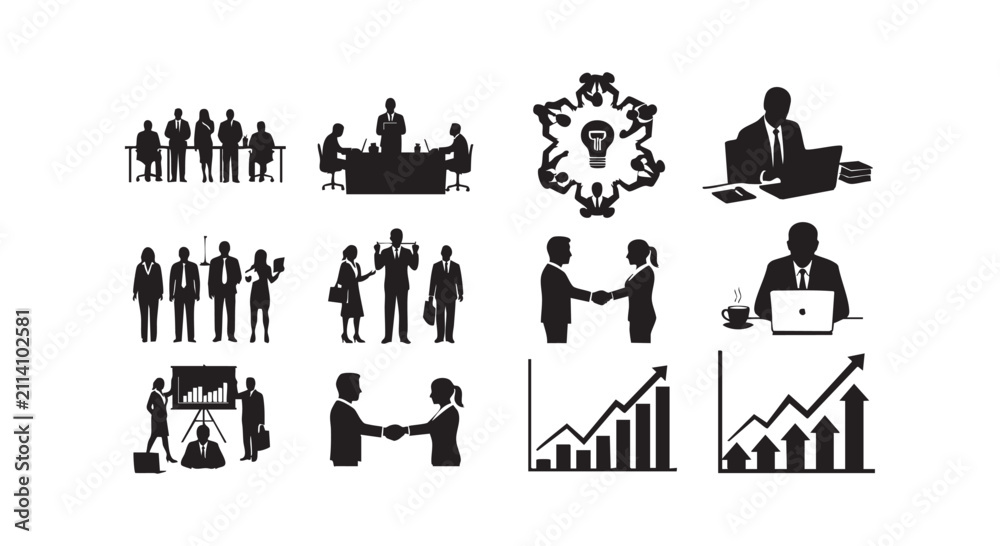 Obraz premium Professional business silhouettes depicting office meetings teamwork and data analysis.