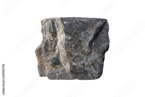 Unpolished dark grey limestone rock with thick white calcite mineral vein and natural texture, isolated on white background. Close-up, front view.