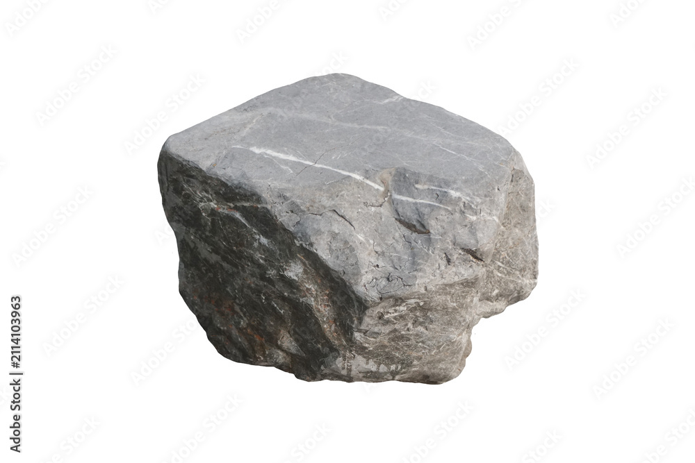 Obraz premium Perspective view of a raw grey limestone block with white calcite veins and rough texture, isolated on white background. Studio shot.