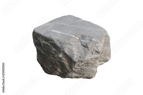 Perspective view of a raw grey limestone block with white calcite veins and rough texture, isolated on white background. Studio shot.