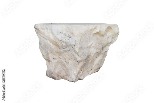 Front view of a large raw white marble block stone with natural grey veins and rough texture, isolated on white background.