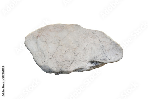 Unpolished white marble slab stone with fine black calcite veins forming spiderweb pattern, isolated on white background. Top view, flat lay.