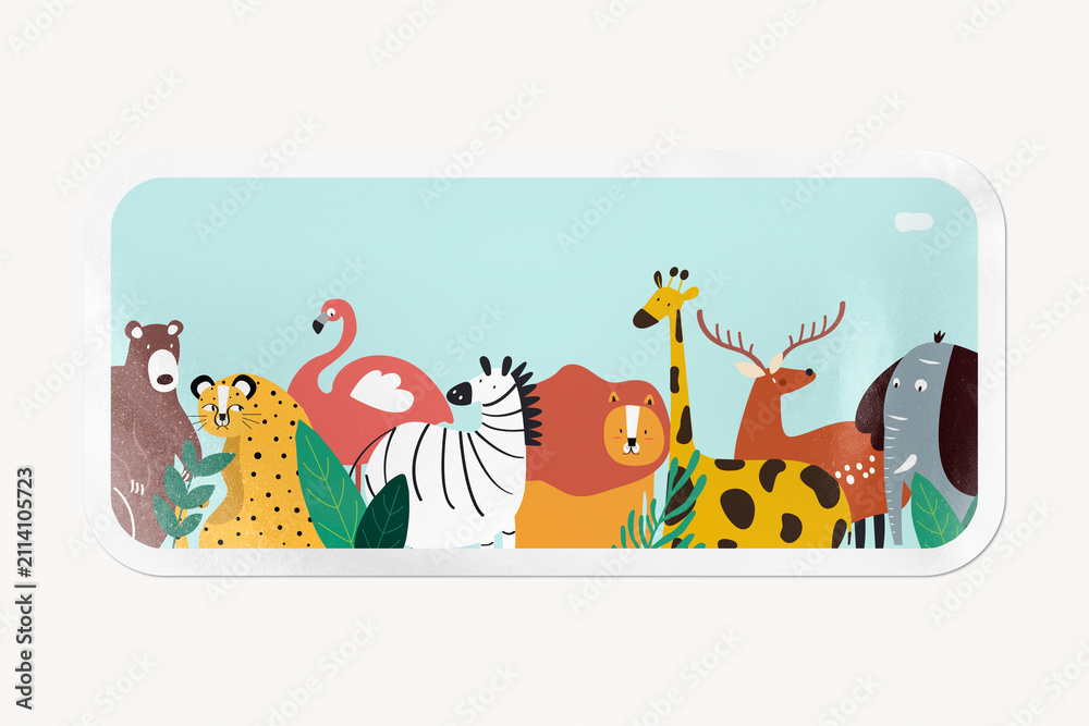 Obraz premium Cute animal cartoon, wildlife illustration sticker, rectangle clipart with white border